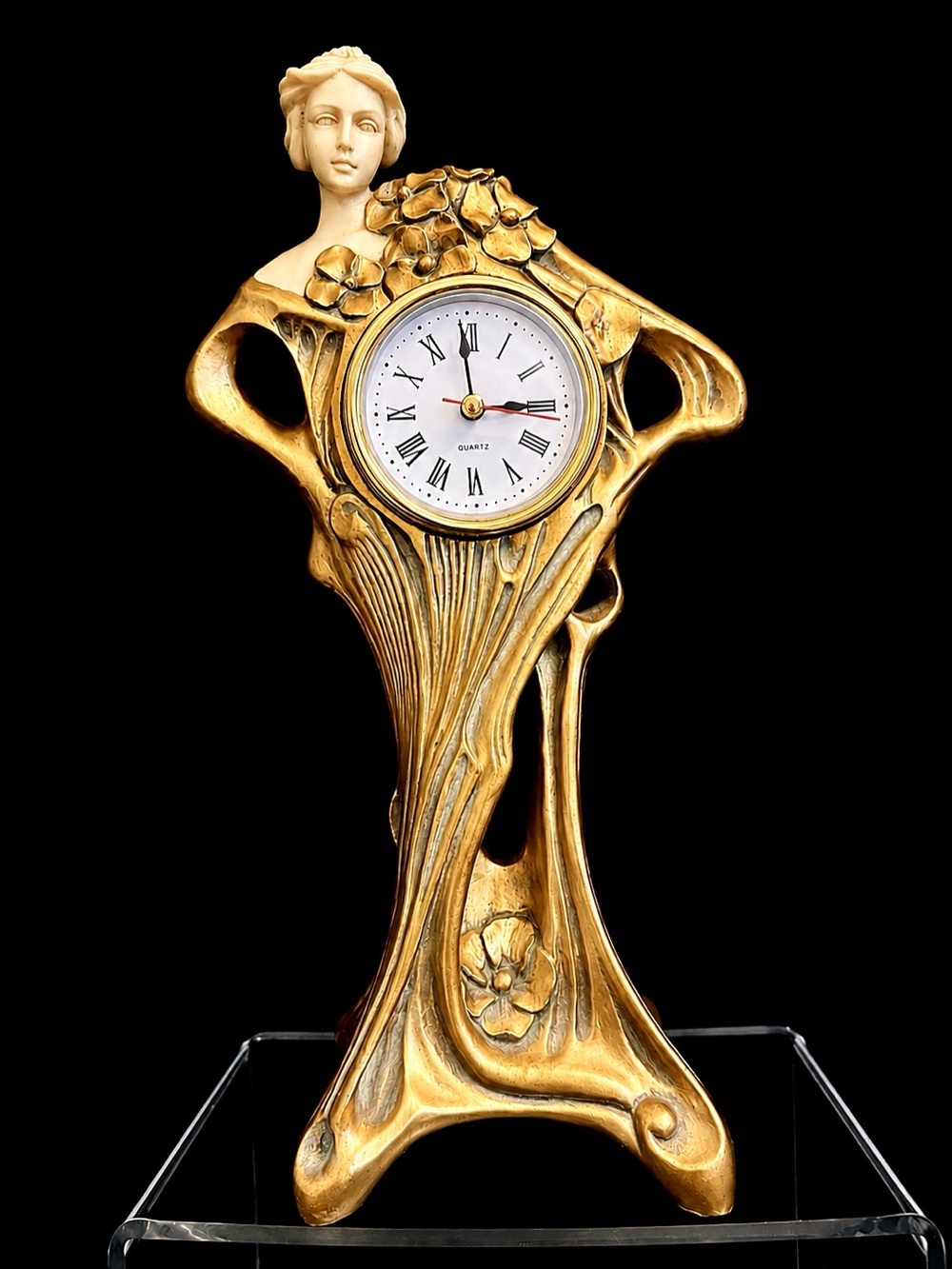 Art Nouveau Woman with Flowers Mantel Clock Poly Dragon Designed in U.K. Quartz